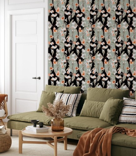 Elegancka kolorowa tapeta w biało-kremowe kwiaty na czarno-miętowym tle