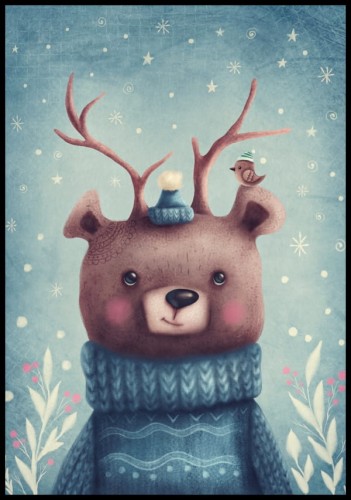 Delikatny, dziecięcy, niebieski plakat z misiem w puszystym sweterku