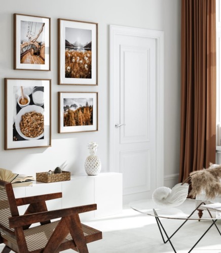 Zestaw ciepłych, jesiennych plakatów, które łączy delikatny brąz i łagodna tematyka