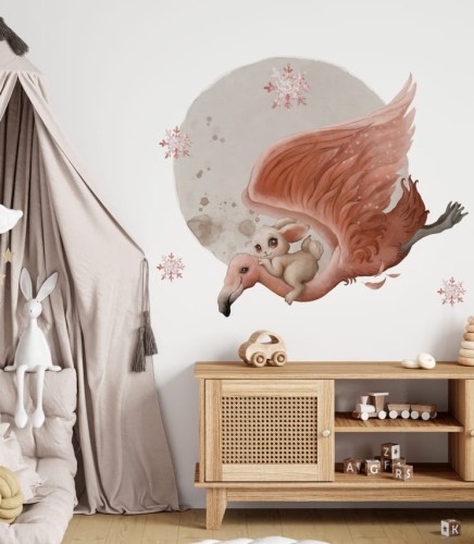 Magiczna naklejka do pokoju dziecka z baśniowym zajączkiem lecącym na flamingu na tle księżyca
