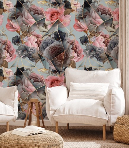 Przepiękna tapeta łącząca błękitne i różowe róże z elementami geometrycznymi