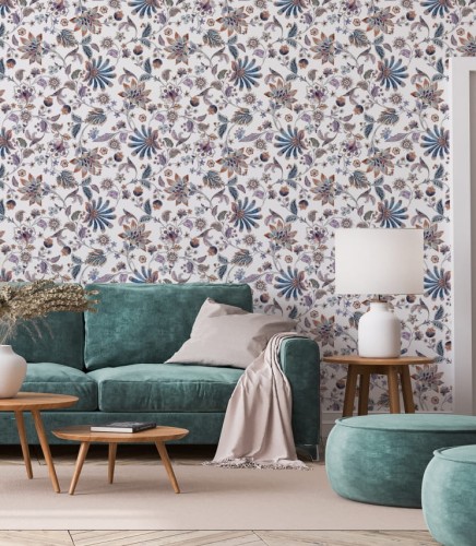 Biała tapeta w kolorowe malowane kwiaty