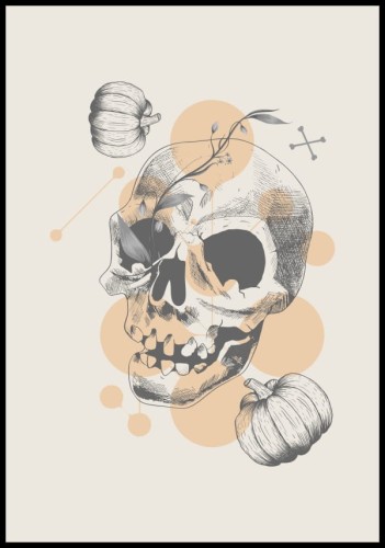 Plakat z czaszką i dyniami, który może posłużyć jako ozdoba w trakcie imprezy na Halloween