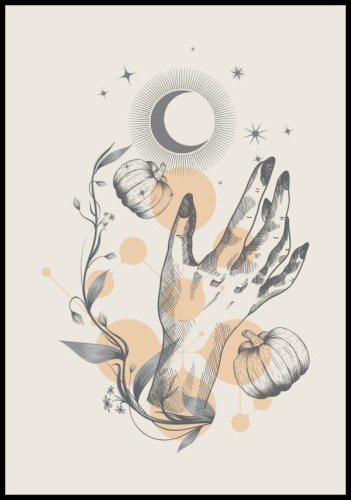 Magiczny plakat na Halloween z czarodziejskim księżycem, dłonią i dyniami