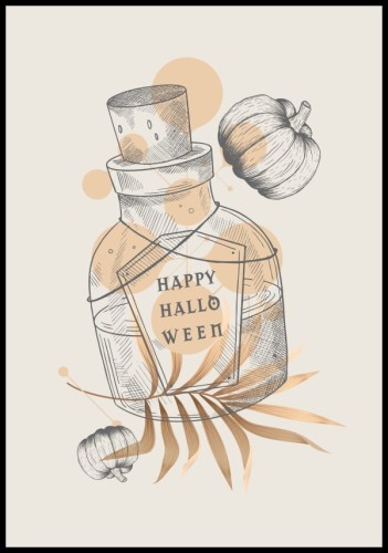 Graficzny plakat z buteleczką zawierającą magiczny eliksir. Poster na imprezę Halloween
