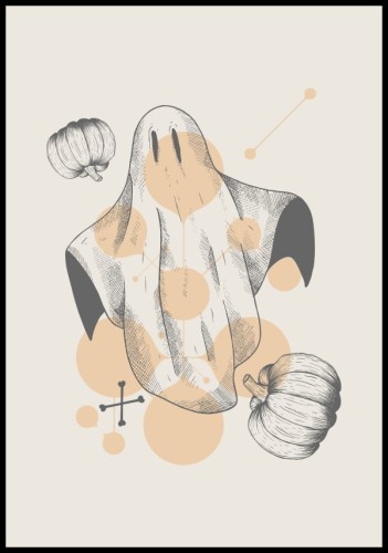 Kolejny w kolekcji plakat na Halloween, tym razem z duchem przebranym w prześcieradło i dyniami