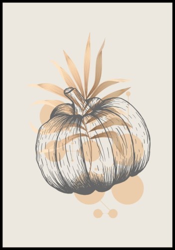 Poster z rysunkiem dyni w delikatnych, stonowanych barwach. Obrazek idealny na obchody święta Halloween
