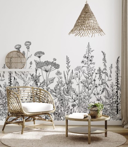 Delikatna graficzna tapeta przedstawiająca popularne rośliny rosnące na łące