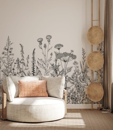 Graficzna tapeta przestawiająca kwiaty na łące na beżowym tle