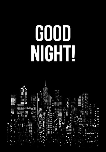 Czarny plakat z napisem "Good night" i podświetlonymi budynkami amerykańskiego miasta