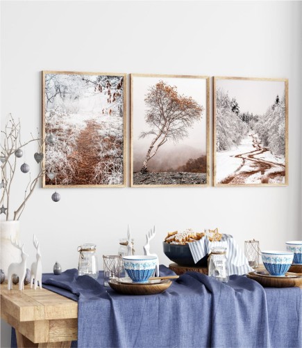 Kolekcja 3 botanicznych plakatów w kolorach białego i sepii, które przedstawiają zimowe krajobrazy. Delikatne motywy roślinne sprawdzą się w ciepłych wnętrzach