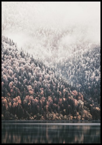 Zdęcie zimowych gór porośniętych drzewami i pokrytych śniegiem. Plakat z pięknym widokiem z zimową naturą