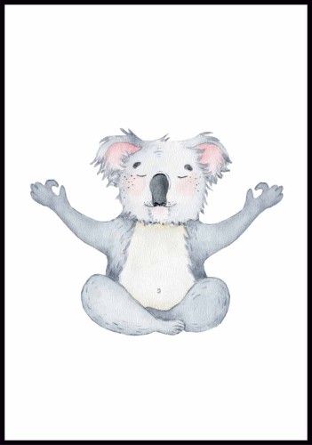 Plakat medytujący miś koala w pozycji kwiatu lotosu. Szare zwierzę z Australii na obrazku do pokoju dziecka.