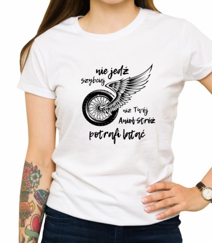 Biała damska koszulka nie jedź szybciej