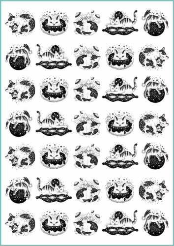 Zestaw zabawnych czarnych tatuaży zmywalnych z kotami otoczonymi planetami