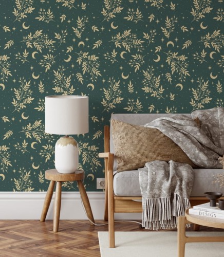 Wyjątkowa, zielona tapeta z tajemniczym, mistycznym wzorem w księżyce, gwiazdy i rośliny