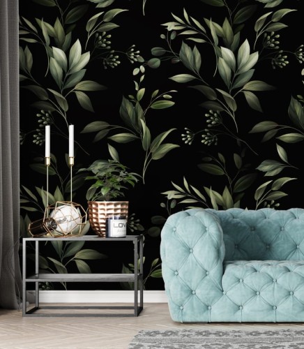 Ciemna tapeta w zielone listki, która wspaniale sprawdzi się we wnętrzu z małą ilością dodatków
