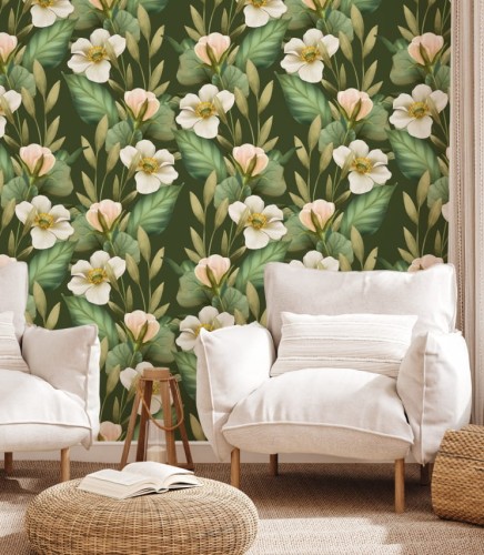 Harmonijna, zielona tapeta w kwiaty, która doda pomieszczeniu pozytywnej energii