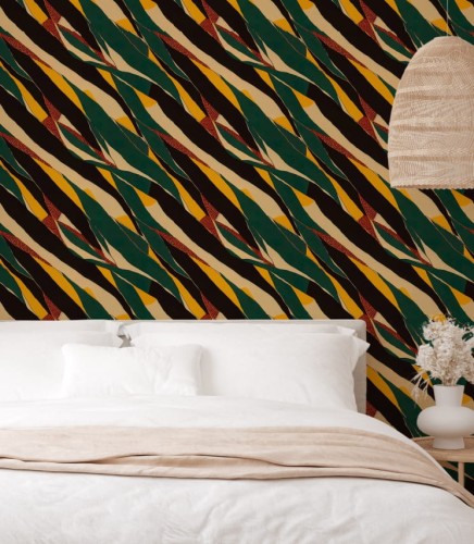 Mocno energetyczna tapeta ze wzorem etnicznym, która sprawdzi się we wnętrzach z naturalnymi dodatkami