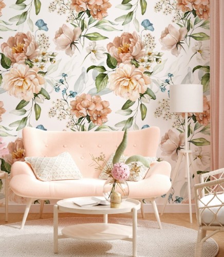 Kobieca, subtelna tapeta z pięknym wzorem brzoskwiniowych kwiatów