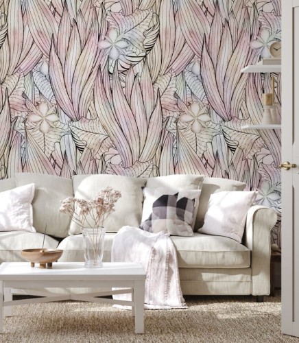 Oryginalna, delikatna tapeta z rysunkowymi liśćmi w kolorach tęczy