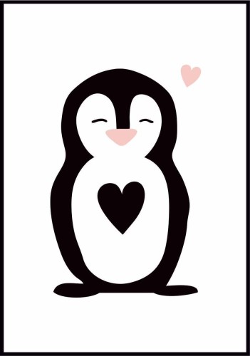 Plakat pingwinek z serduszkiem  - ilustracja z uśmiechniętym zimowym zwierzątkiem do pokoju dziecka.