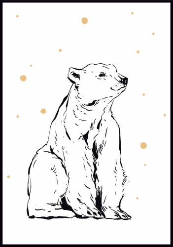 Plakat dziecięcy niedźwiedź polarny pokazujący białego misia otoczonego złotymi drobinkami na wzór śniegu