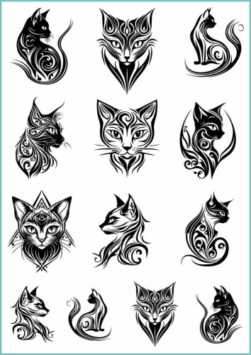 Tatuaże na ciało z głowami kotów w kolorze czarnym.