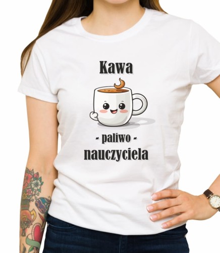 biała damska koszulka kawa paliwo nauczyciela
