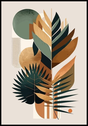 Ciekawy, artystyczny plakat przedstawiający odmienne graficzne listki roślin. Elementy plakatu tworzą oryginalną kompozycję, która stworzy przyciągającą wzrok dekorację