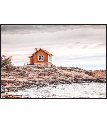Plakat czerwony dom nad brzegiem morza