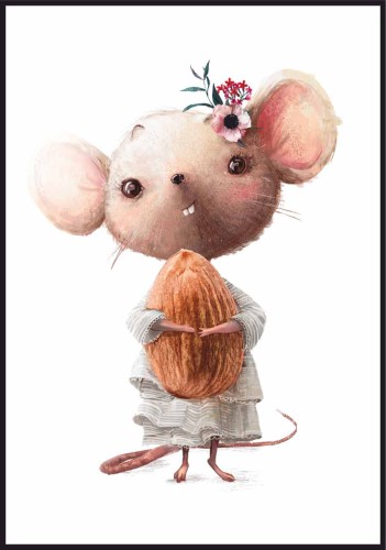 Myszka dziecięcy ze słodką myszką z kwiatkami trzymającą w łapkach duży migdał.