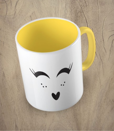 Żółty kubek cute face heart lashes