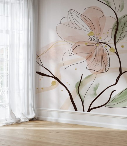 Fototapeta kwiatowa akwarela - malowany kwiat magnolii w brzoskwiniowych barwach do salonu