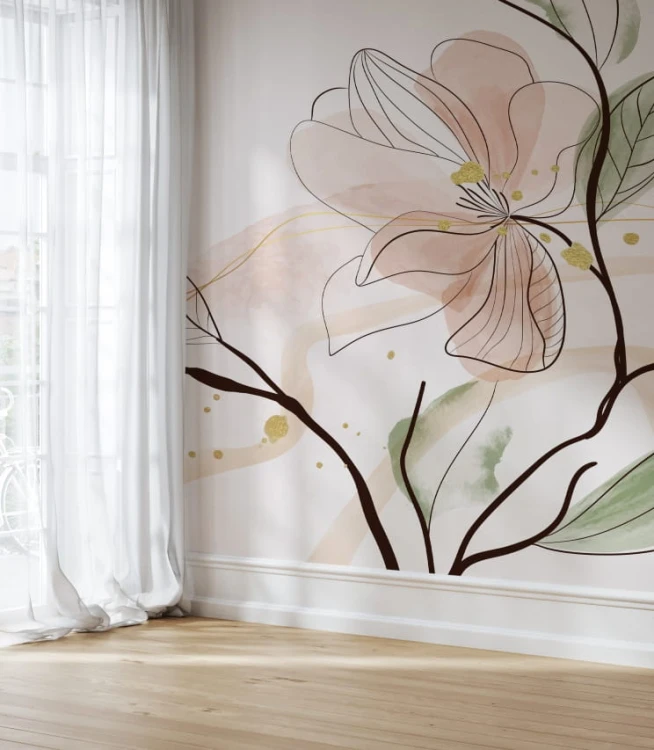 Fototapeta kwiatowa akwarela - malowany kwiat magnolii w brzoskwiniowych barwach do salonu