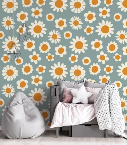 Urocza tapeta w starym stylu w kolorowe stokrotki. Ta tapeta w kwiaty będzie pasować do pokoju dziecka, jak i osoby dorosłej