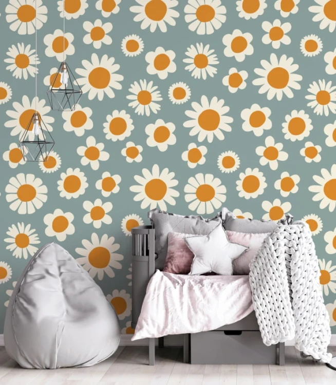 Urocza tapeta w starym stylu w kolorowe stokrotki. Ta tapeta w kwiaty będzie pasować do pokoju dziecka, jak i osoby dorosłej