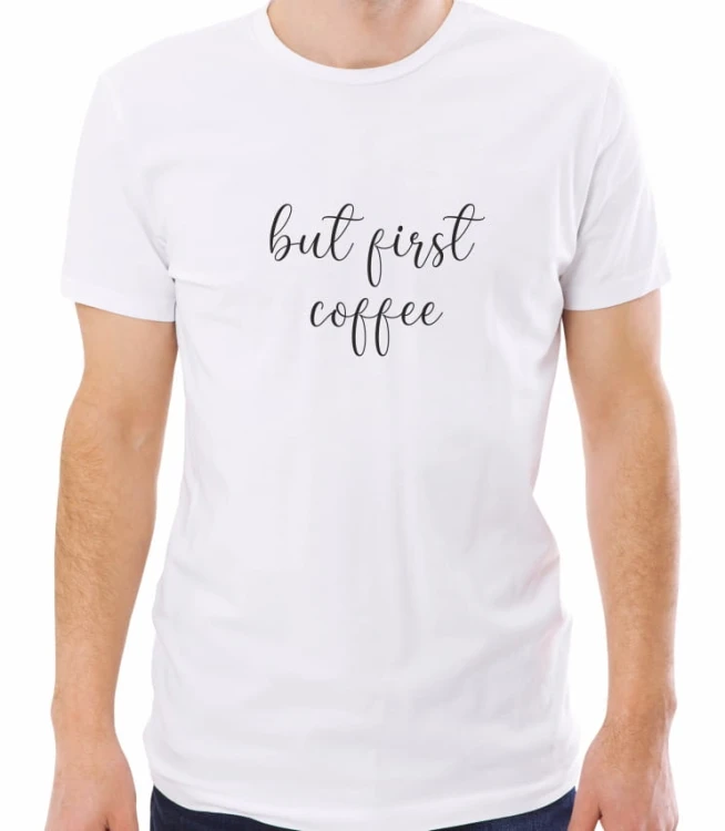 Biała męska koszulka but first coffee