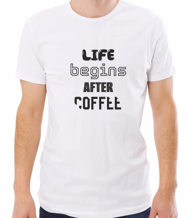 Biała męska koszulka life begins after coffee