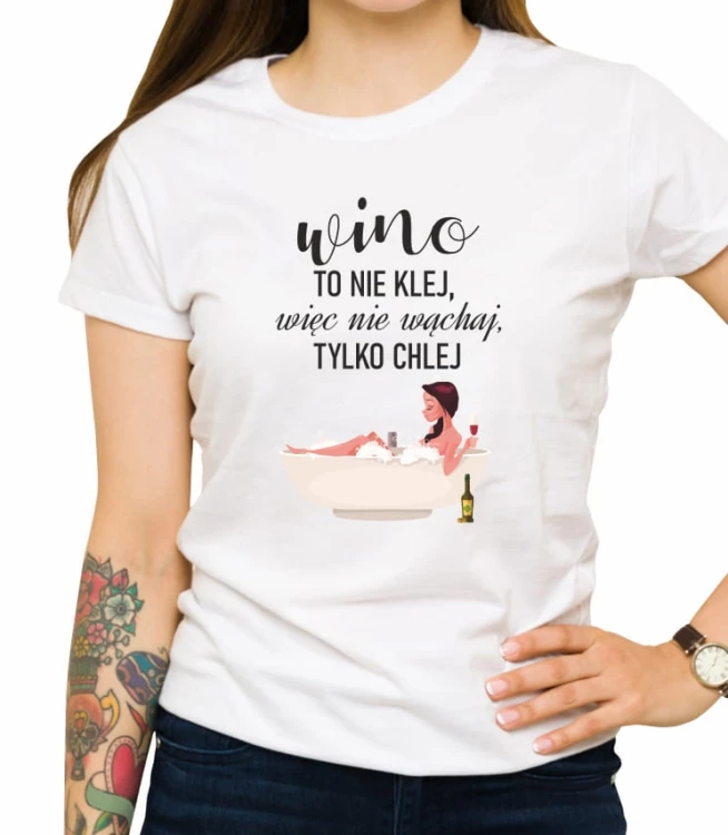 Biała damska koszulka wino to nie klej