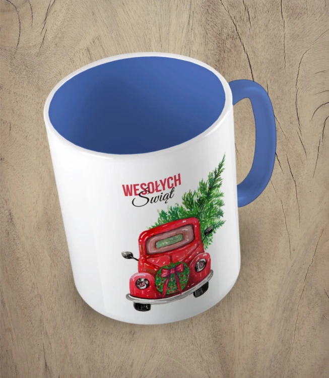 Niebieski kubek świąteczne auto