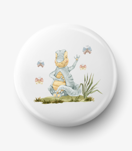 Button szarozielony dinozaur tyrannosaurus