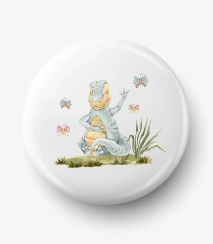 Button szarozielony dinozaur tyrannosaurus