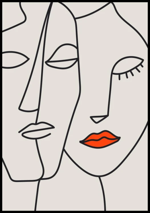 Artystyczny plakat w formie line art z wtulonymi twarzami zakochanych. Niezwykle romantyczna ozdoba, która ociepli wnętrze
