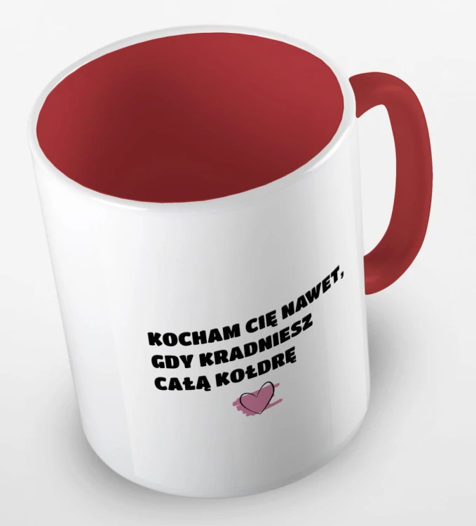 kolorowy kubek z hasłem, kocham cię nawet, gdy kradniesz kołdrę - czerwony.jpg