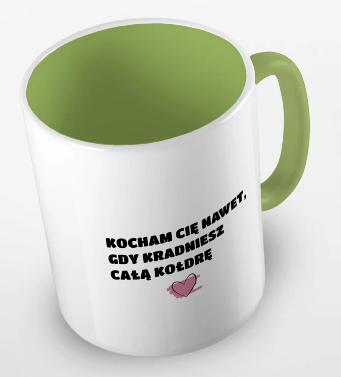 kolorowy kubek z hasłem, kocham cię nawet, gdy kradniesz kołdrę - jasnozielony.jpg