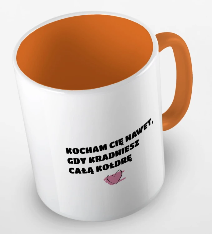 kolorowy kubek z hasłem, kocham cię nawet, gdy kradniesz kołdrę - pomarańczowy.jpg