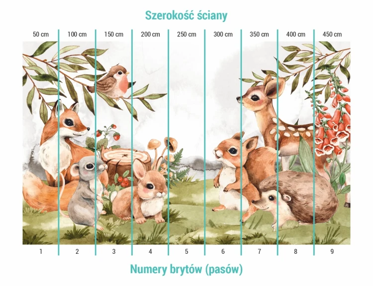 Podział na bryty na tapecie leśne zwierzątka z grzybkami