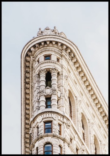 Plakat ze zdjęciem zabytkowego budynku Flatiron Building, który ozdabia Manhattan w Nowym Jorku