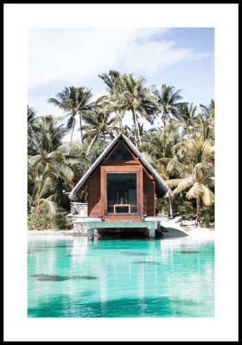Plakat domek na Bora Bora z białym marginesem dookoła